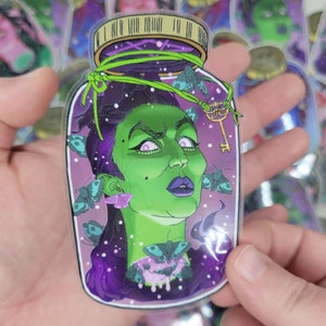 Green & purple witch head potion jar 4&quot; premium clear vinyl sticker