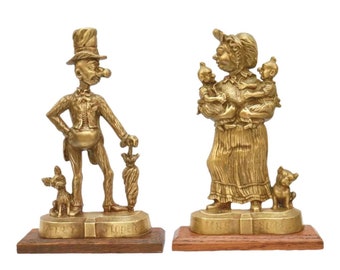Antique Mr & Mrs Sloper Cast Iron Bookends- Doorstops, Antique British Brass Comic Characters  Bookends