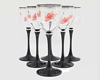 6 Luminarc France wine glasses with black stem and poppies decoration, Vintage 80's French Wine Glasses, Floral Wine Glasses