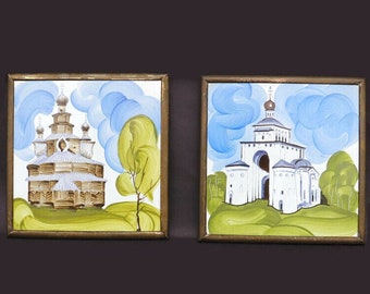 Mid Century Russian Ceramic Wall Tiles Wall Hangings Pair ,Retro  Russian Churches Wall Hangings Souvenirs.