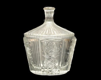 Vintage Pressed Glass Lidded Candy Dish Bonbonniere With Whale and Flower Pattern H 6.5 ' .