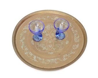 Large Antique Middle Eastern Hand Engraved Brass Serving Tray With A Geometrical and Animal Design D 22.7 ''