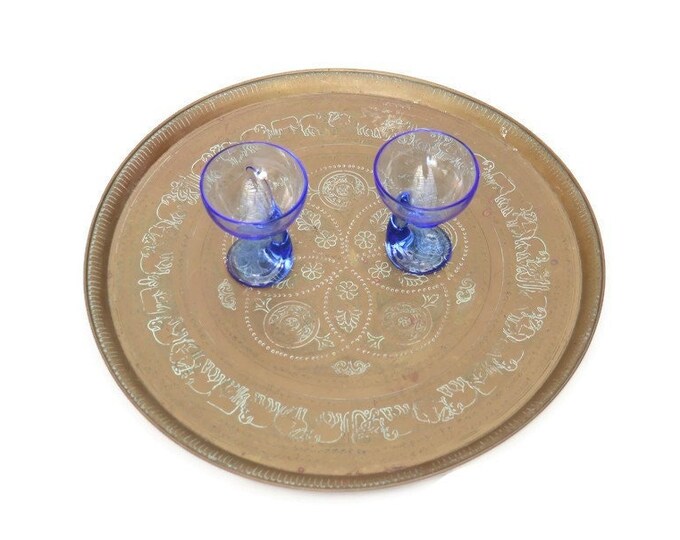 Antique Middle Eastern Brass Tray: Hand Engraved Animal Design (22.7'')