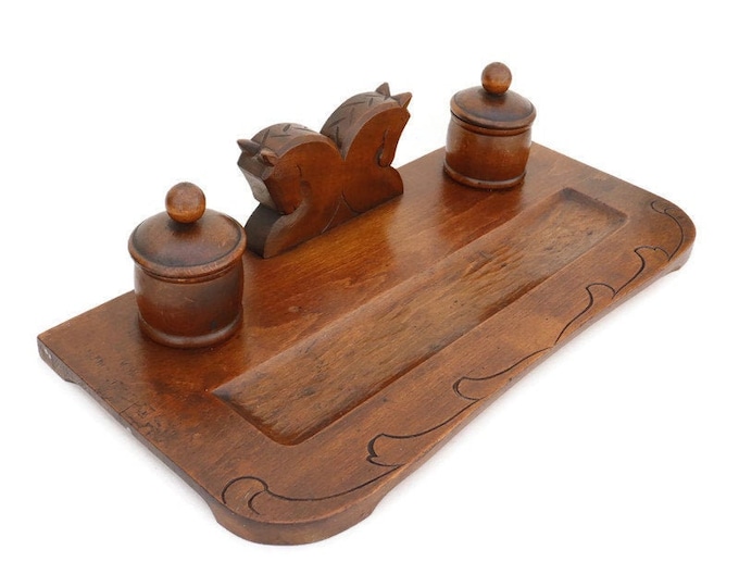 Antique Art Deco Carved Wood Horses Inkwell - 1920s Office Decor