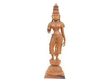 Very Large 26'' Wooden Carved Indian Goddess Lakshmi Standing On Lotus Flower 26'' H, Carved Indian Goddess