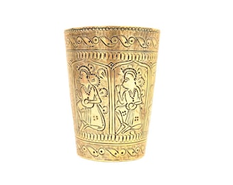 Antique Indian  Lassi Cup, Engraved Indian Brass Beaker, Brass Cup, Antique Brass Lassi Cup, Etched Cup, Decorative Cup, Shelf Decor