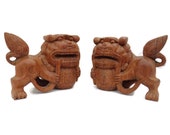 Hand Carved Wood Japanese Foo Dogs Figurines Pair .Feng Shui Home Decor.