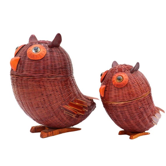 Mid Century Wicker Owl Trinket Box Set Of 2, Boho Nesting Owl Figures
