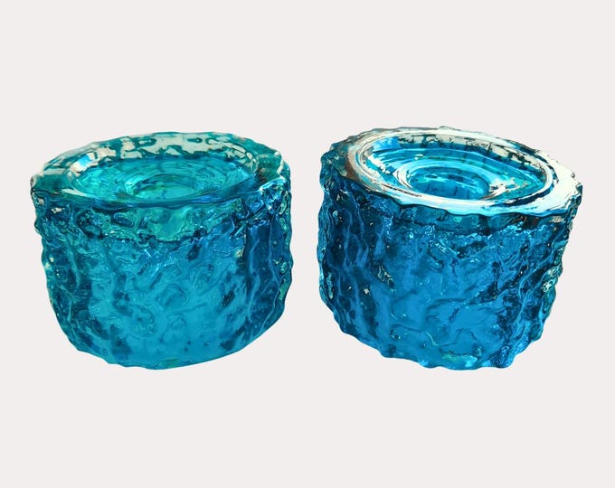 MCM Whitefriars Kingfisher Blue Bark Candleholders Pair By Geoffrey Baxter