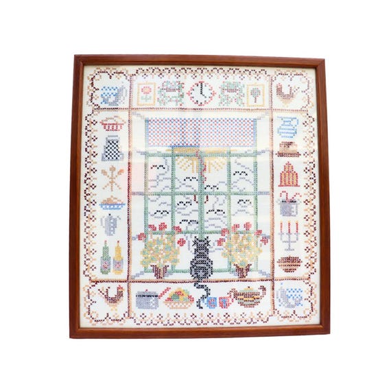 Vintage Cottage Core Cross Stitch Embroidery Sampler Solid Wooden Framed Very Good Condition