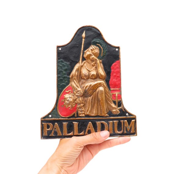 Antique British Brass Fire Insurance Wall Plaque With Goddess Palladium Holding Spear