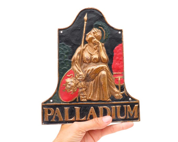 Antique British Brass Fire Insurance Wall Plaque With Goddess Palladium Holding Spear