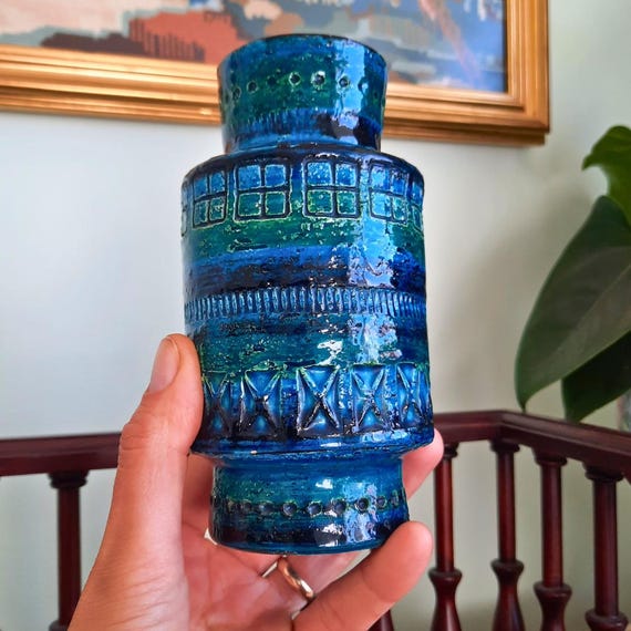Small MCM Italian Bitossi Vase Rimini Blue Pattern 724 Designed By Aldo Londi