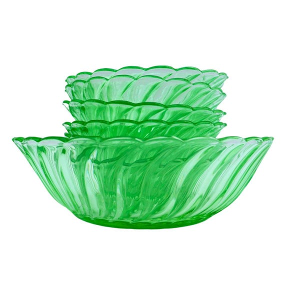 1930's Uranium Pressed Glass Bowl and 6 Smaller Serving Bowls By Bagley Carnival Pattern Made In England.