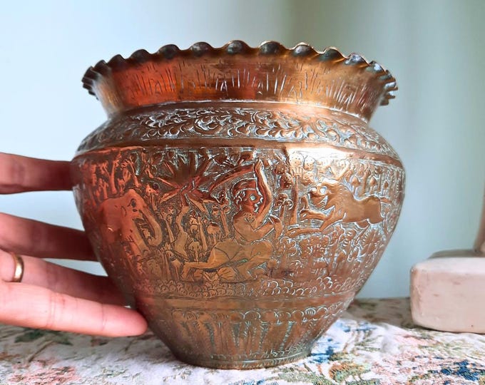 Antique Indian Hand Engraved Brass Jardiniere Plant Pot Ruffled Rim H 5.5''