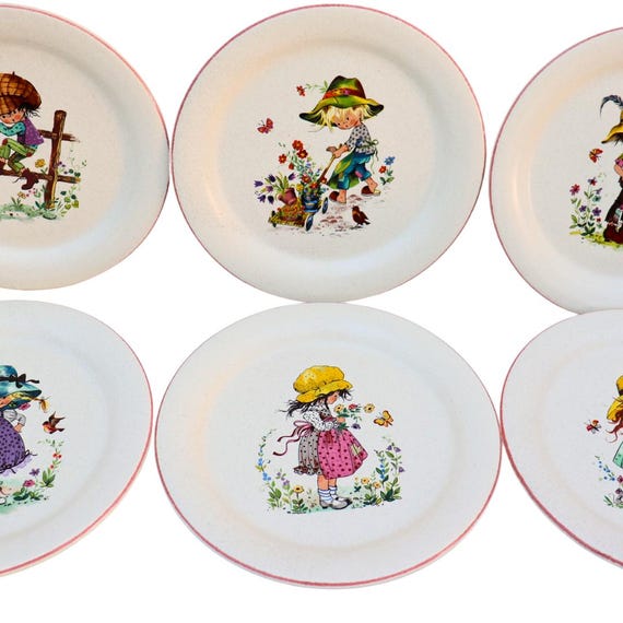 6 Mid Century Holly Hobbie Characters Decorative Plates Made In France By Faince De S'Amand.