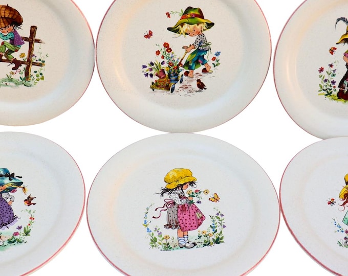 Mid Century Holly Hobbie Decorative Plates - Faince De S'Amand, France - Set of 6