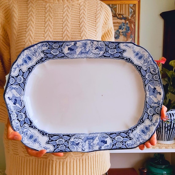 Antique Woods and Sons Buddha Pattern Meat Platter Rectangular Shape, Chinoiserie