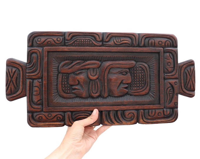 Mid-Century Hand-Carved Mayan Gods Wooden Tray: Honduras Wall Decor