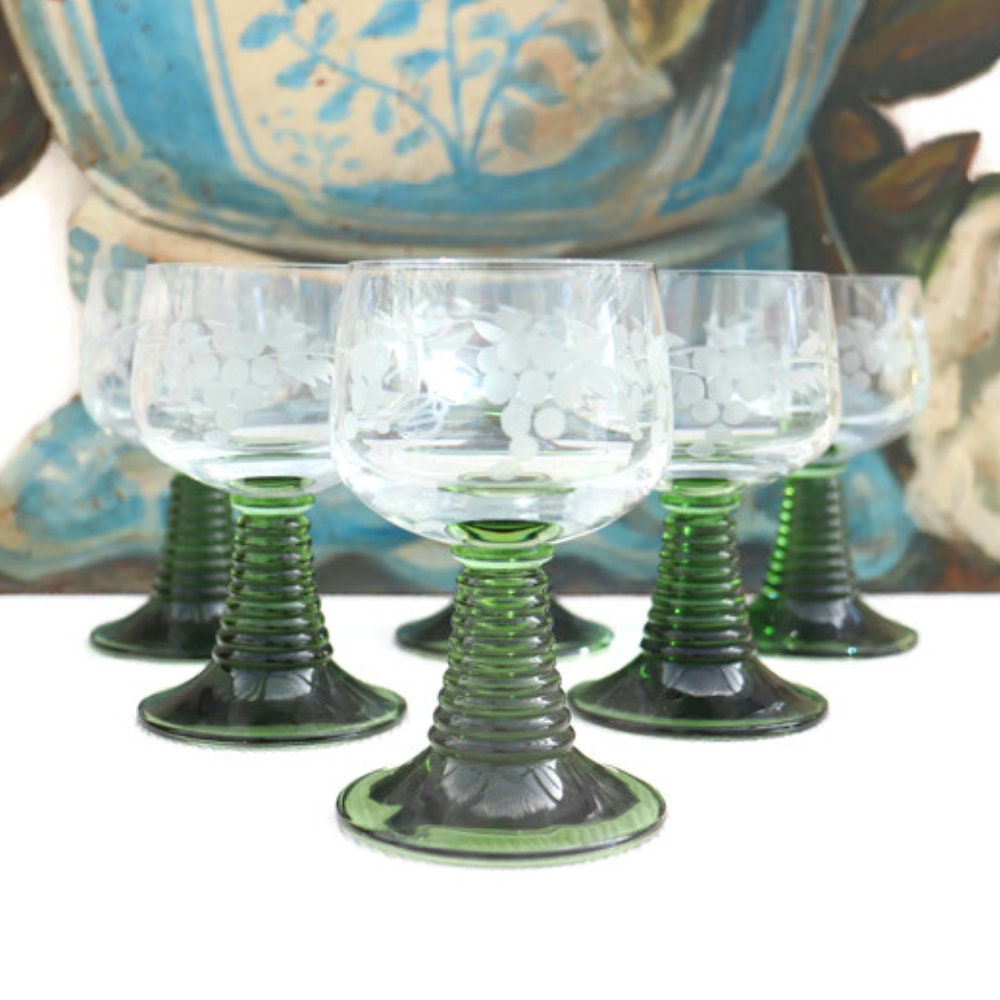 Mid Century Set of 6 Roemer wine glasses with green stem, grapes and