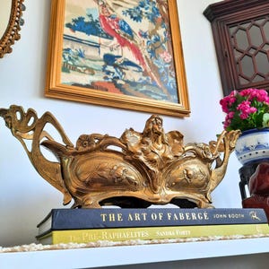 French Mid Century Art Nouveau Revival Solid Brass Jardiniere With Maidens And Floral Decoration