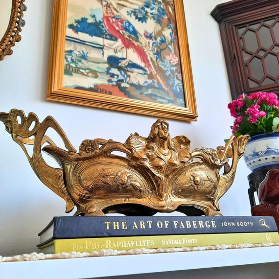 French Mid Century Art Nouveau Revival Solid Brass Jardiniere With Maidens And Floral Decoration