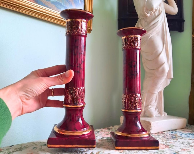 Large Pair Of Hollywood Regency Style Ceramic Candleholders H 11'' Greek Column