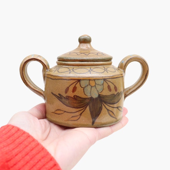 Retro Olaria De Almansil Lidded Jar, Portuguese Pottery Lidded Jar, Studio Pottery Sugar Bowl, Floral Sugar Bowl, Portuguese Rustic Pottery