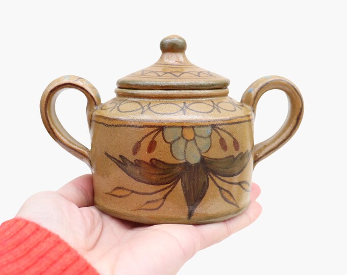 Hand-Painted Portuguese Pottery Lidded Sugar Bowl: Floral Rustic Decor
