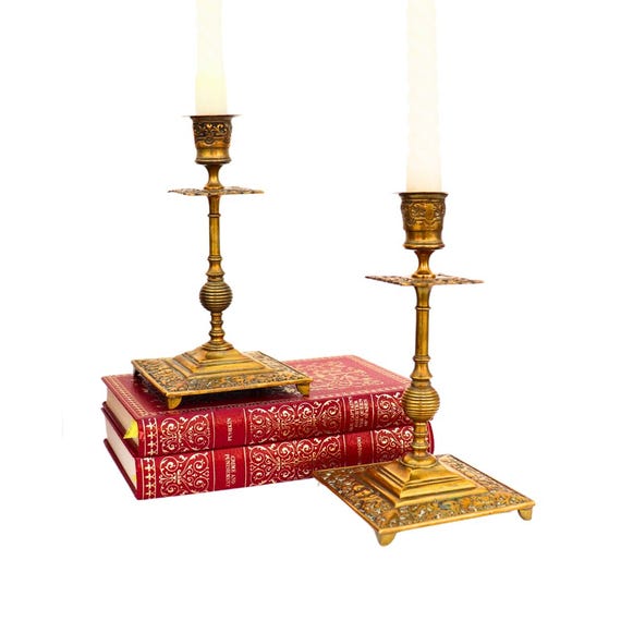 Antique Victorian Brass Candlesticks in the Gothic revival style Ornate Square Bases