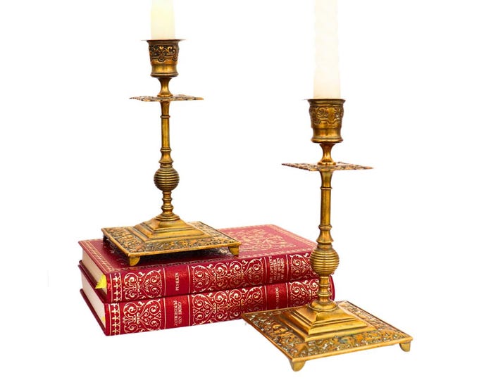 Antique Victorian Brass Candlesticks in the Gothic revival style Ornate Square Bases
