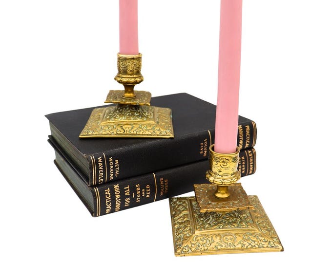 Antique Victorian Brass Candlesticks in the Gothic revival style, Ornate Brass Candle Holders