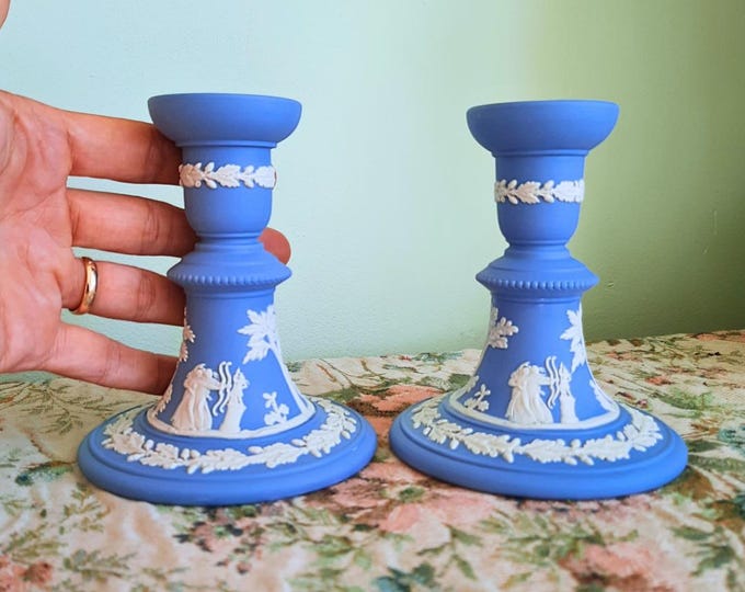 Vintage Wedgwood Blue and White Jasperware Candleholders Neoclassical Decoration Made In England