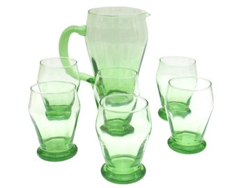 Vintage 1950's Green Glass Pitcher and 6 Tumblers , Retro Drinking Set Blackfriars Style.