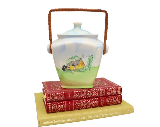 Art Deco English Biscuit Barrel: Thatched Cottage Decoration, Made In England, 1930s-40s