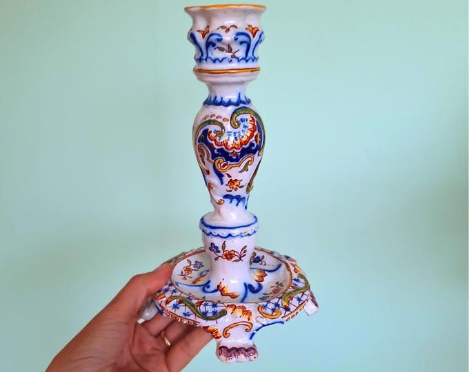 Antique French Faience Rouen Hand Painted Polychrome Rococo Single Candleholder  C 1880's.