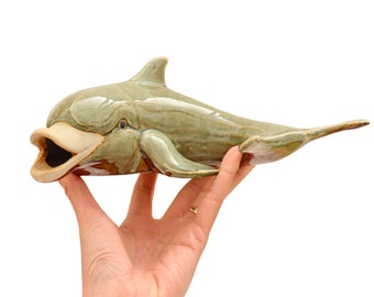 Vintage Studio Pottery Dolphin Figure, Green Pottery Dolphin Figure, Nautical Decor, Animal Decor