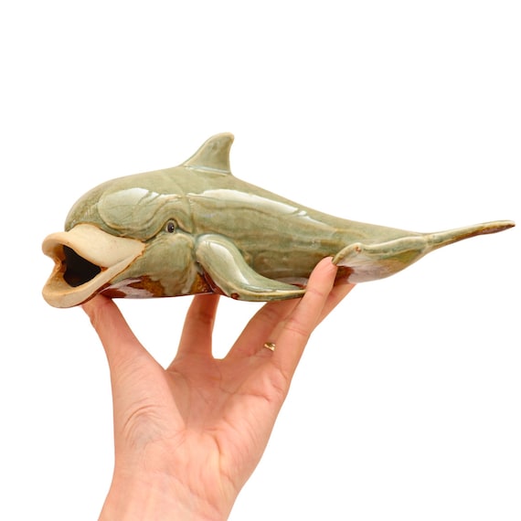 Vintage Studio Pottery Dolphin Figure, Green Pottery Dolphin Figure, Nautical Decor, Animal Decor