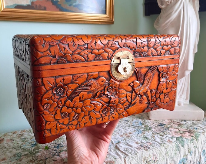 Large Mid Century Chinese Wooden Carved Box Chest With Flowers And Birds Decoration