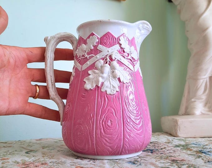 Victorian Copeland Spode Decorative Stoneware Jug Acorns and Picket Fence Pattern 1860's RARE Pink Colour 6.7''