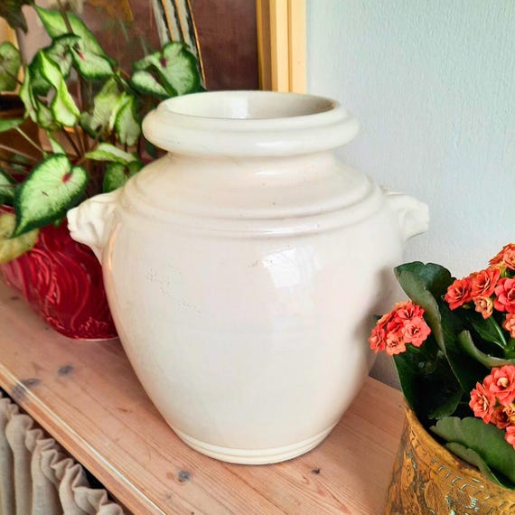 Large Vintage French Provincial Off White Glazed Earthenware Confit Pot