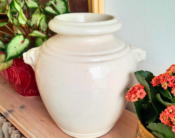 Large Vintage French Provincial Off White Glazed Earthenware Confit Pot