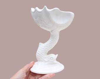 White Ceramic Koi Fish Holding Shell Bombon Dish Or Soap Holder, Nautical Home Decor, Fish Pedestal Candy Bowl