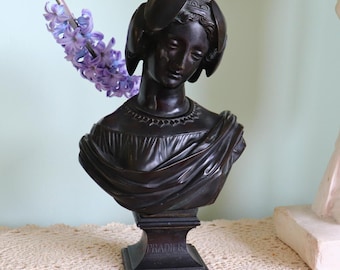 Antique Victorian Neoclassical Cast Bronze Bust Of Sapho After Pradier C Late 1800's.