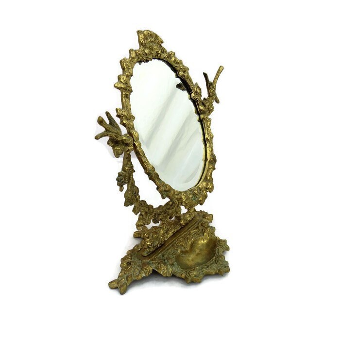 Vintage Ornate Cast Brass Table Mirror Rococo Baroque Style. Golden