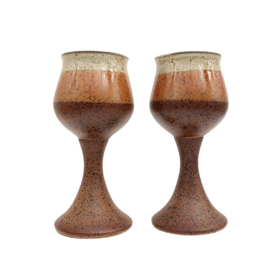 Mid Century Iden Studio Pottery Wine Goblets set of 2 Earthy Tones Hand-thrown Pottery Goblets Pair