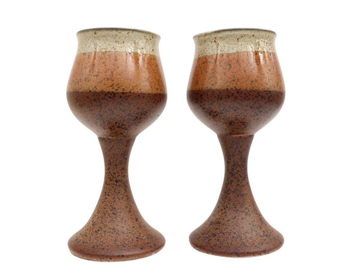 Mid Century Iden Studio Pottery Wine Goblets: Earthy Hand-Thrown Pair