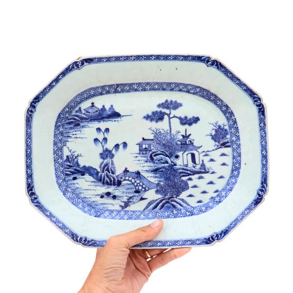 18C Chinese Export Qianlong Blue & White Porcelain Octagonal Platter Estuary Landscape 13''