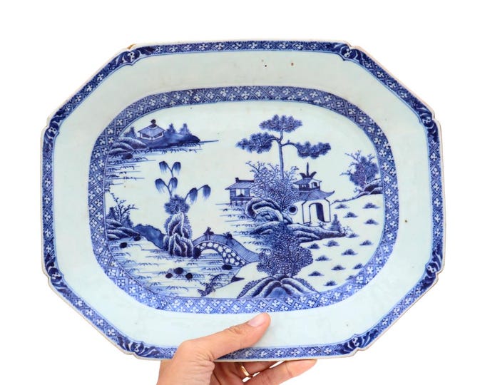 18C Chinese Export Qianlong Blue & White Porcelain Octagonal Platter Estuary Landscape 13''