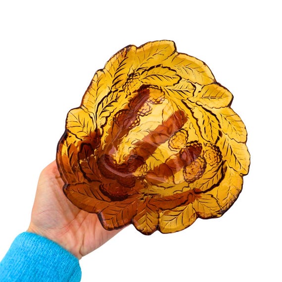 Mid Century Indiana Glass Amber Colour Embossed Loganberry Leaves Pattern Candy Bowl Dish